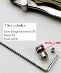 3 Pack Thumb Stud Replacement For Buck 110 Knife With Hex Wrench in Black Silver Brass Colors, showing components and a folding knife.