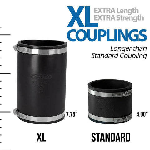 Extra Long 4 Inch Flexible Pipe Coupling With Stainless Steel Clamps, 7.75 Inch Reach DWV Connector comparison with standard coupling.