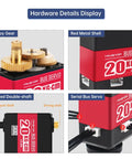 Heavy Duty Serial Bus Servo With Mounting Bracket And Plug And Play Setup showing alloy gears and red metal shell.