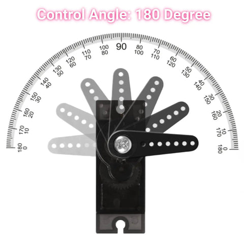 Ten Pack Metal Gear 9G Micro Servo Motors for RC Cars, Robots, Helicopters and Arduino Projects showing 180 degree control angle