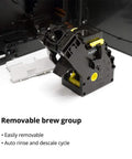 Removable brew group for Black Espresso Machine With 54 Oz Tank And Ceramic Burr Grinder Delivering Barista Level Brews At Home.
