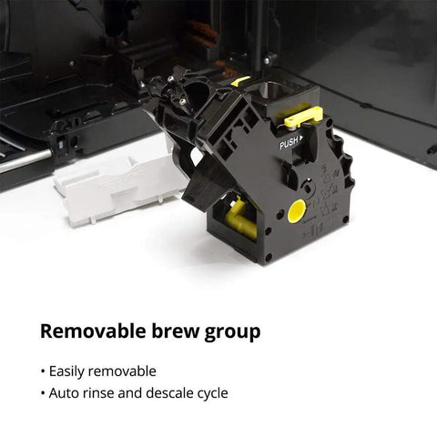 Removable brew group for Black Espresso Machine With 54 Oz Tank And Ceramic Burr Grinder Delivering Barista Level Brews At Home.