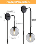 Set Of Two Black Plug In Wall Sconces With Globe Clear Glass Shade For Bedroom And Bedside with dimensions displayed