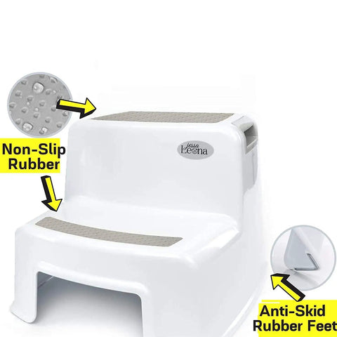 Dual Height Two Step Stool For Kids With Slip Resistant Soft Grip Handles Ideal For Potty Training In The Bathroom Or Kitchen BPA Free Safe Design Durable Toddler Stool For Everyday Use Gray showing non-slip rubber steps and anti-skid feet.