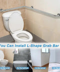 Heavy Duty Stainless Steel Shower Grab Bar For Seniors And Handicap Bathrooms, 24 Inch By 36 Inch L Shaped Wall Mount Hand Rails shown next to toilet