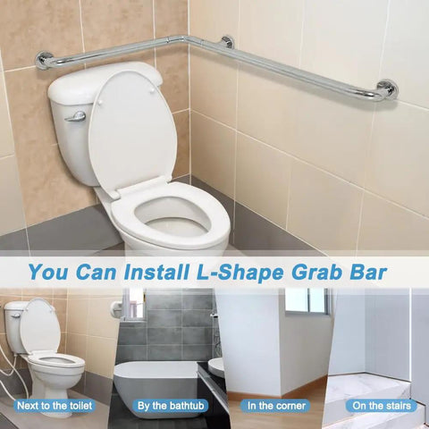 Heavy Duty Stainless Steel Shower Grab Bar For Seniors And Handicap Bathrooms, 24 Inch By 36 Inch L Shaped Wall Mount Hand Rails shown next to toilet