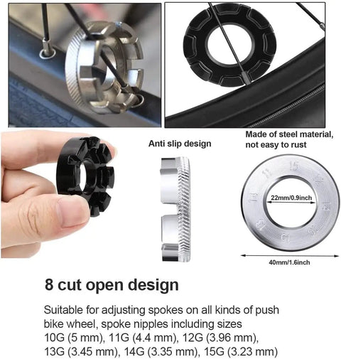 Close-up of spoke wrenches from Spoke Tension Meter And Wrench Kit For Bikes 8 Piece Pro Wheel Repair Set showing open-cut design and sizes.
