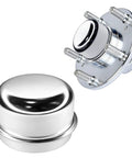 2 Pack 1.98 Inch Trailer Hub Dust Caps with a shiny chrome finish, designed to protect RV and camper bearings from grit.