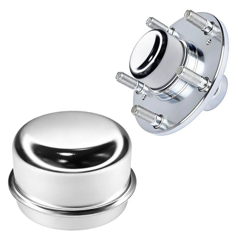 2 Pack 1.98 Inch Trailer Hub Dust Caps with a shiny chrome finish, designed to protect RV and camper bearings from grit.