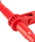 Close-up of a red ratchet style chain binder with grab hooks, part of a 4 Pack 1/2 To 5/8 Inch Ratchet Binders For Heavy Duty Load Securement.
