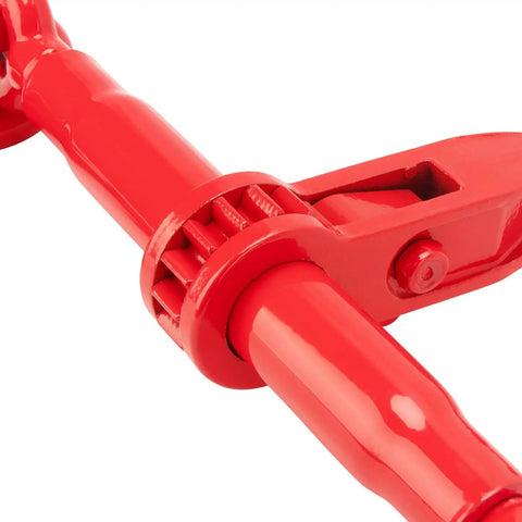 Close-up of a red ratchet style chain binder with grab hooks, part of a 4 Pack 1/2 To 5/8 Inch Ratchet Binders For Heavy Duty Load Securement.