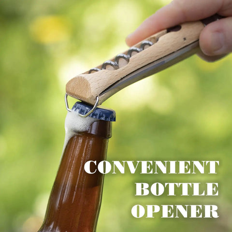 Killer Stainless Steel Folding Pocket Knife With Integrated Wine Corkscrew And Bottle Opener Solid Beechwood Handle opening a beer bottle
