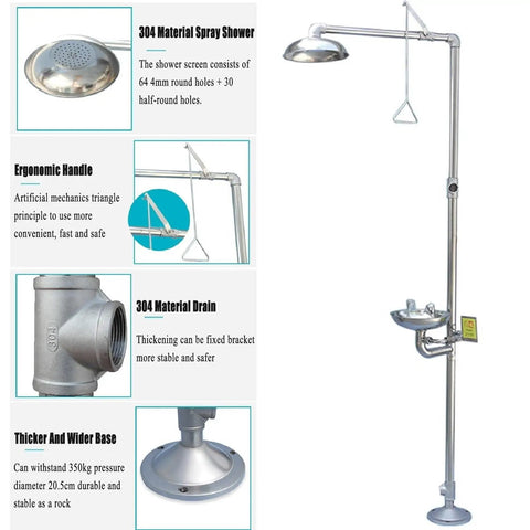 Emergency Eyewash Station Kit For Quick Eye And Body Rinses, 304 stainless steel eyewash and shower combo, side view features