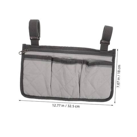 Must Have Bedside Organizer Bag With Four Pockets And Cup Holder, gray caddy with zipper pouch and dark gray trim, size labeled