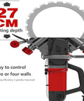 Badass Brushless Ring Saw For Wall Cutting With A Kickass Copper Motor That Slays Reinforced Concrete And Stone, Pumping Out 3000 RPM For Precision Grooving, Running Smooth As Silk For Pros Crushing Heavy Jobs Without Breaking A Sweat, showing 27 cm cutting depth and adjustable controls.