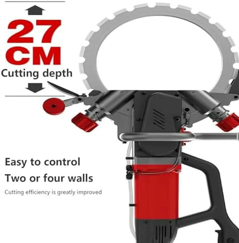 Badass Brushless Ring Saw For Wall Cutting With A Kickass Copper Motor That Slays Reinforced Concrete And Stone, Pumping Out 3000 RPM For Precision Grooving, Running Smooth As Silk For Pros Crushing Heavy Jobs Without Breaking A Sweat, showing 27 cm cutting depth and adjustable controls.