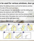 Heavy Duty Self Adhesive Foam Weather Stripping Tape For No Fuss Quick Setup To Kick Out Cold Drafts and Rain Leak From Doors or Windows images showing various installation points for effective use.