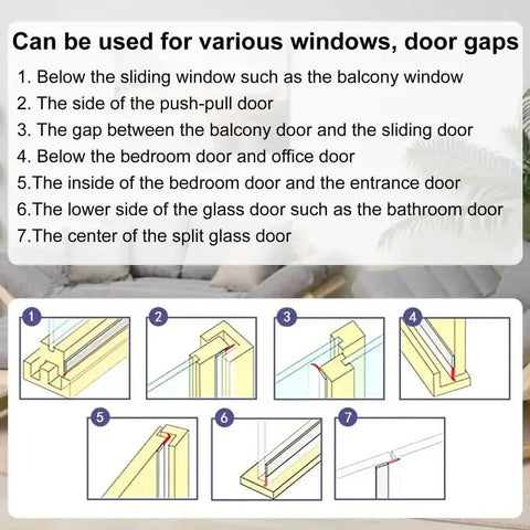 Heavy Duty Self Adhesive Foam Weather Stripping Tape For No Fuss Quick Setup To Kick Out Cold Drafts and Rain Leak From Doors or Windows images showing various installation points for effective use.