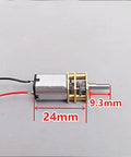Close-up of Six-Pack Mini N20 Gear Motors, 3V To 6V DC High Torque Micro Motor, showing 24mm length and 9.3mm shaft dimensions.