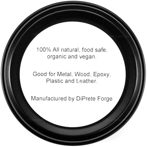 Straight Up Knife Steel Wax And Rust Preventative Coating For Stainless Carbon And Damascus Blades Cleans Protects And Keeps Edges Slick With Dope Organic Food Safe Formula Made In Usa For Top Tier Gear Heads lid showing 100% natural and vegan ingredients
