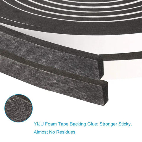 Close-up of Two Rolls High Density Foam Tape For Door And Window Insulation with single sided adhesive, black color.