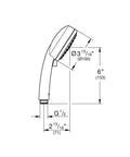 Technical drawing of Tempesta Cosmopolitan 2.5 GPM 4-Spray Hand Shower in Starlight Chrome, showing dimensions and design.