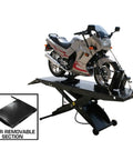 Shop Tough Portable Motorcycle Lift Air Operated Bike Stand 1000 Lb Capacity with motorcycle securely mounted on diamond plate table.