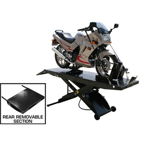 Shop Tough Portable Motorcycle Lift Air Operated Bike Stand 1000 Lb Capacity with motorcycle securely mounted on diamond plate table.