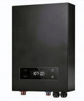 Heavy Duty 27Kw Tankless Water Heater Pumps Out Instant Whole Home Hot Water With Smart Self Regulating Tech Shower To Sink Zero Wait All Day Long Operation Setup, wall-mounted, metal shell, with digital display and connections.