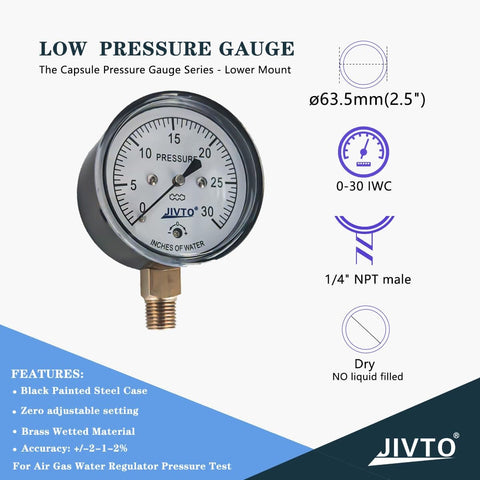 Image of Low Capsule 0 To 30 Inches Water Column Pressure Gauge With Two And One Half Inch Dial And One Quarter Inch NPT Lower Mount