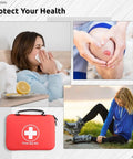 Waterproof EVA First Aid Organizer Kit in red, used for family health protection, alongside images of minor injuries.