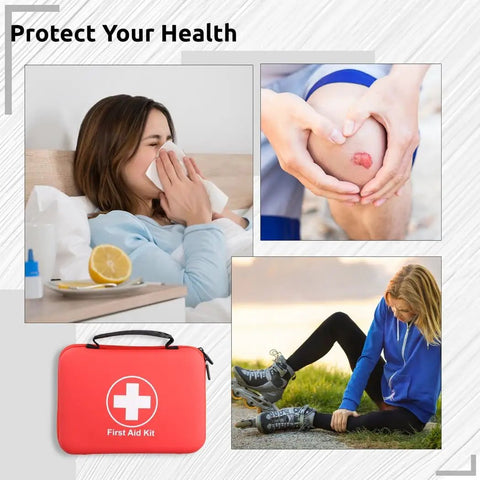 Waterproof EVA First Aid Organizer Kit in red, used for family health protection, alongside images of minor injuries.