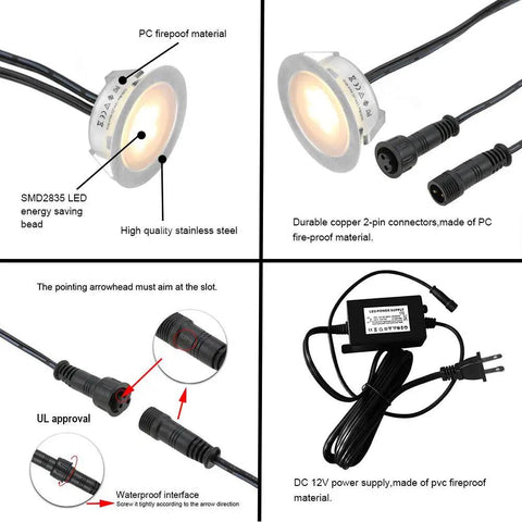 6 Pack Recessed LED Deck Light Kit Upgrade Version Waterproof IP67 Low Voltage Outdoor Lights showing connectors and power supply
