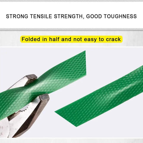 Rock Solid Pet Poly Strapping Roll being tested for strength with pliers, showing durable green plastic and embossed texture.