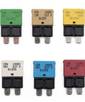 Auto Reset Atc Ato Low Profile Circuit Breaker Kit 12V Dc Six Pack Mixed Amps with various rating fuses for automotive use.