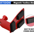 Magnetic Toolbox Tray Set 4 Piece With 6 Inch And 12 Inch Trays Paper Towel Holder 3 Spray Can Holders And 7 Screwdriver Holes Heavy Duty Powder Coated Steel Magnetic Organizer For Garage Or Shop Red, showing a red magnetic shelf with strong magnets displayed.