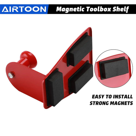 Magnetic Toolbox Tray Set 4 Piece With 6 Inch And 12 Inch Trays Paper Towel Holder 3 Spray Can Holders And 7 Screwdriver Holes Heavy Duty Powder Coated Steel Magnetic Organizer For Garage Or Shop Red, showing a red magnetic shelf with strong magnets displayed.