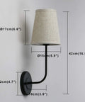 Two Pack Vintage Linen Fabric Shade Wall Sconces Hardwired Bathroom Vanity Lights Black Finish Industrial Wall Mount Fixture showing measurements