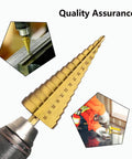 Metric Step Drill Bit Set HSS Cone Bits, 3-Piece, close-up showing sizes and use on metal and wood, Tworider