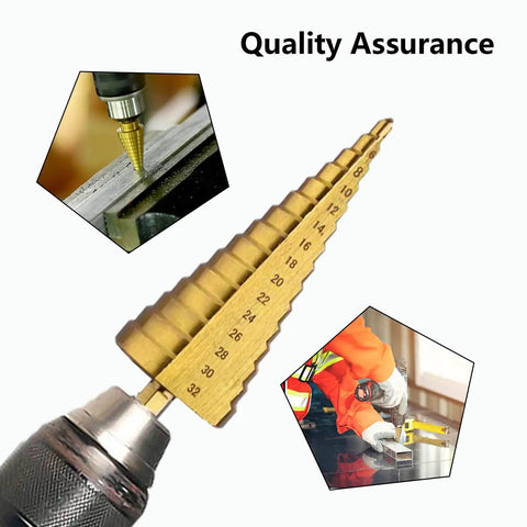 Metric Step Drill Bit Set HSS Cone Bits, 3-Piece, close-up showing sizes and use on metal and wood, Tworider