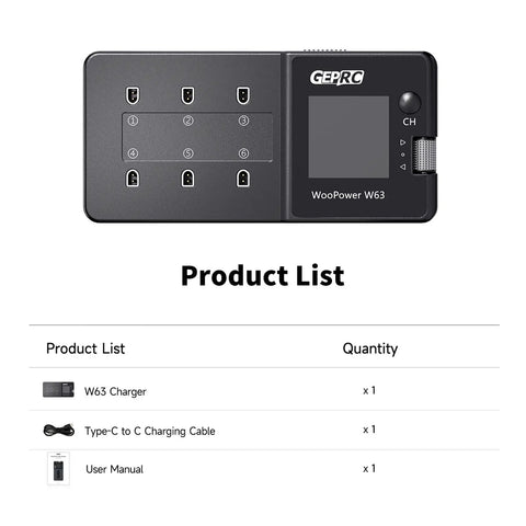 W63 FPV Drone Charger With Six Independent Ports, 3A Fast Charge, Discharge, Storage Modes, Dope IPS Display, Product List.