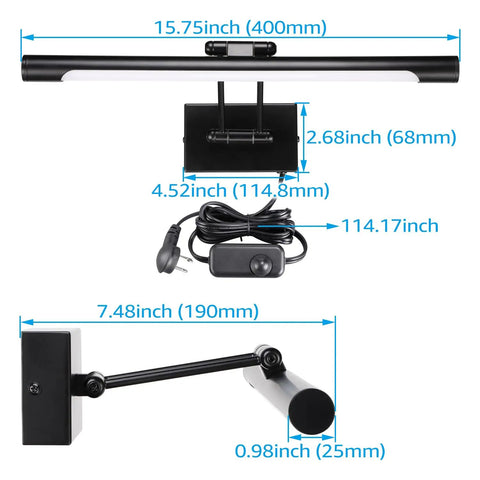 Adjustable LED Picture Light For Wall Art And Frames, Plug In Or Hardwired, dimensions, satin nickel swing arm, CRI90, 3000K