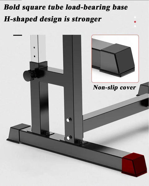 Bold square tube base of Versatile Barbell Rack For Home Gym with non-slip cover, heavy duty squat stand design