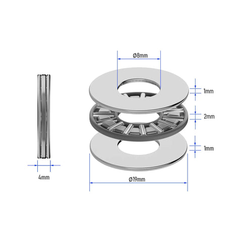 Diagram of Thrust Needle Roller Bearings With Washers Set 10 Pcs AXK0819 2AS 8mm Bore, 19mm OD, 4mm Thick; side and exploded views shown.