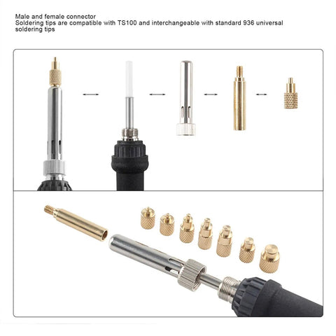 TS100 TS101 Soldering Iron Tips Kit With Brass M2 To M8 Heat Set Inserts Replacement Tips For TS100 And TS101 DIY 3D Printer Hot End Accessories Pro Grade Heat Transfer And Easy Tip Swaps displayed with iron and connectors