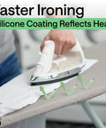 Person ironing shirt on heavy duty ironing board cover and pad with silicone coating, heat resistant up to 400 degrees, silver 15x54.