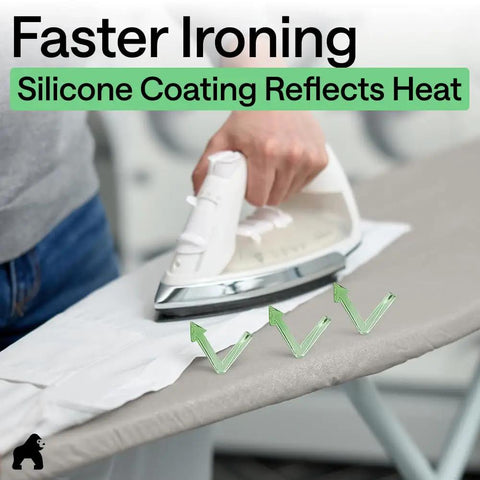 Person ironing shirt on heavy duty ironing board cover and pad with silicone coating, heat resistant up to 400 degrees, silver 15x54.