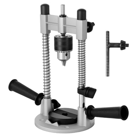 Portable Drill Guide Attachment For Straight Holes No Fuss Drill Press Stand With Aluminum Alloy Construction Vertical Holder For 10 To 13mm Drills Slip Pad Surface Protection Quick Dock Ready, showing aluminum alloy vertical holder with springs and drill chuck attachment