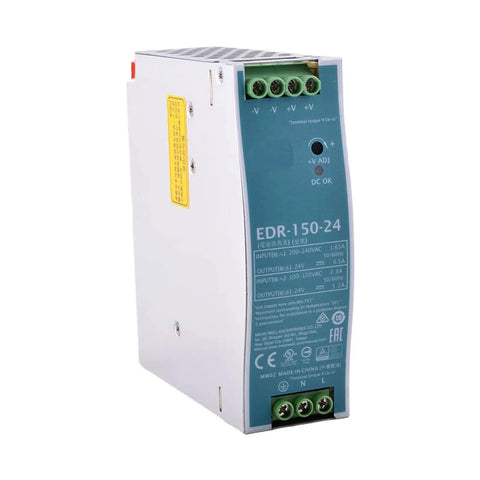 Zero Hassle Ultra Slim Din Rail Switching Power Supply 24V 6.5A 156W Fanless DC Adapter with wiring terminals.