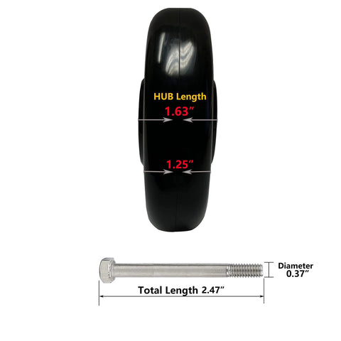 Side view of Heavy Duty Shopping Cart Wheels Set Five Inch Diameter One Point Two Five Inch Width Three Eighths Bore Polyurethane Wheel With Rust Resistant Core 1400 Pound Total Load Capacity Four Pack Black And Grey.